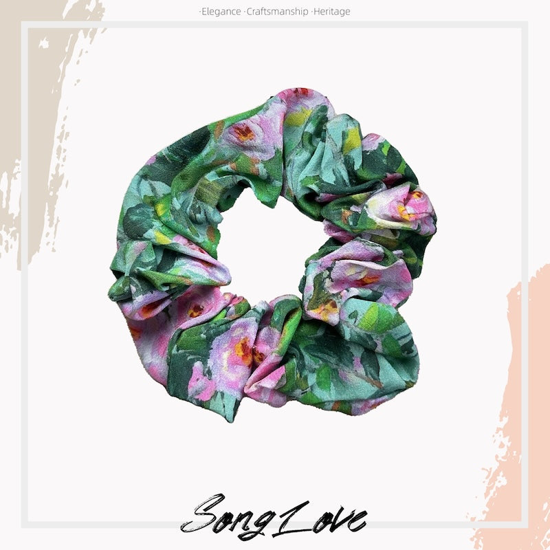 Lush Garden Floral Scrunchie | Vibrant Silk Accessory | Spring Inspired Hair Fashion