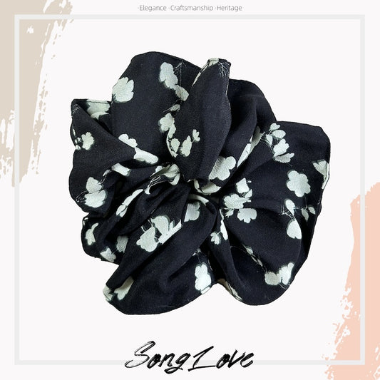 Classic Black & White Floral Scrunchie | Cotton Soft Accessory | Chic and Timeless Style