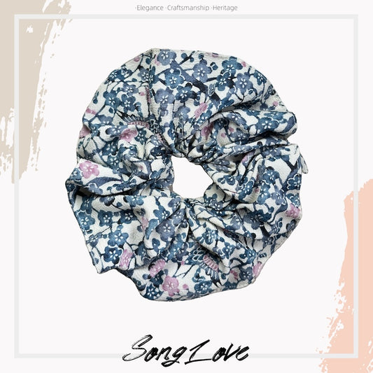 Vintage Blue & Pink Floral Scrunchie | Soft Cotton Accessory | Classic Romantic Style