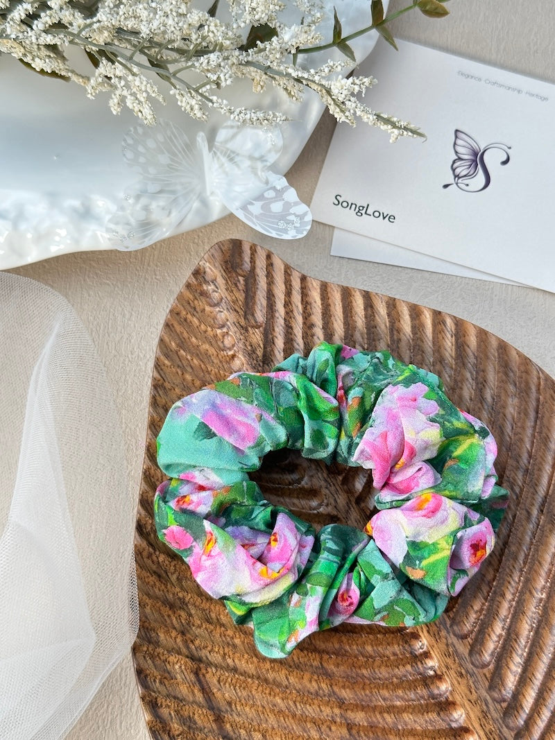 Lush Garden Floral Scrunchie | Vibrant Silk Accessory | Spring Inspired Hair Fashion