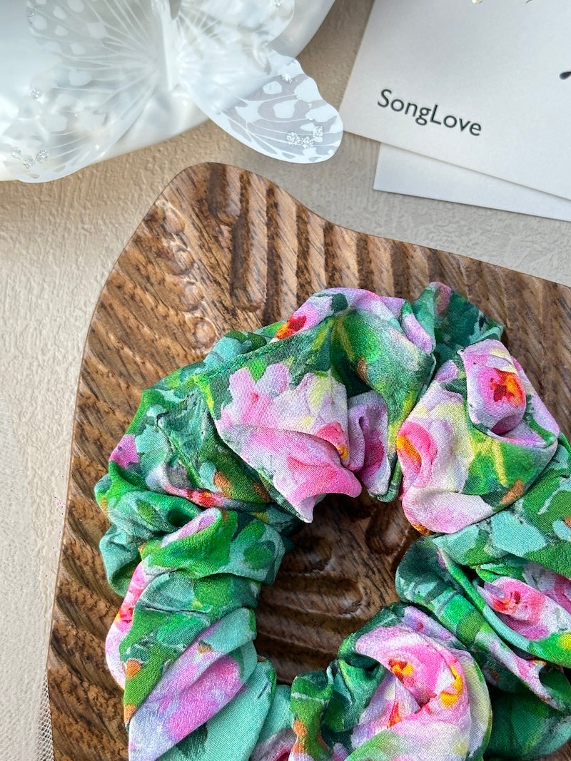 Lush Garden Floral Scrunchie | Vibrant Silk Accessory | Spring Inspired Hair Fashion