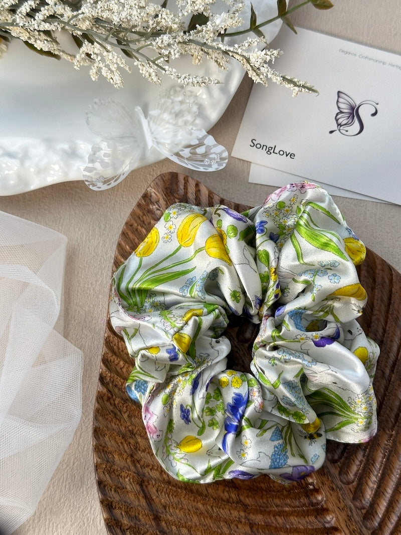 Spring Garden Silk Scrunchie | Vivid Floral Print | Luxe Fashion Hair Accessory