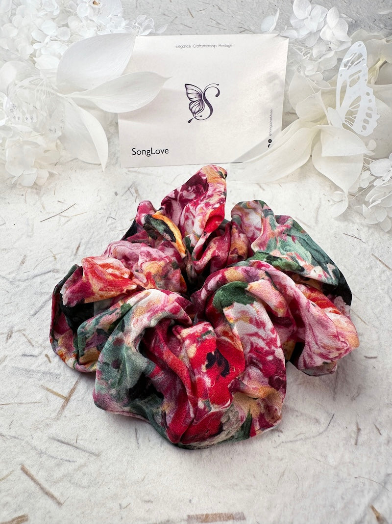 Bold Floral Explosion Scrunchie | Vivid Silk Accessory | Colorful Hair Statement Piece