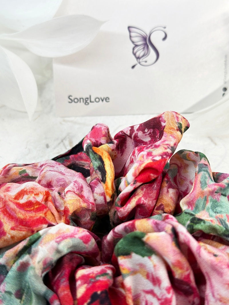 Bold Floral Explosion Scrunchie | Vivid Silk Accessory | Colorful Hair Statement Piece