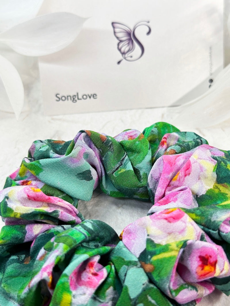 Lush Garden Floral Scrunchie | Vibrant Silk Accessory | Spring Inspired Hair Fashion