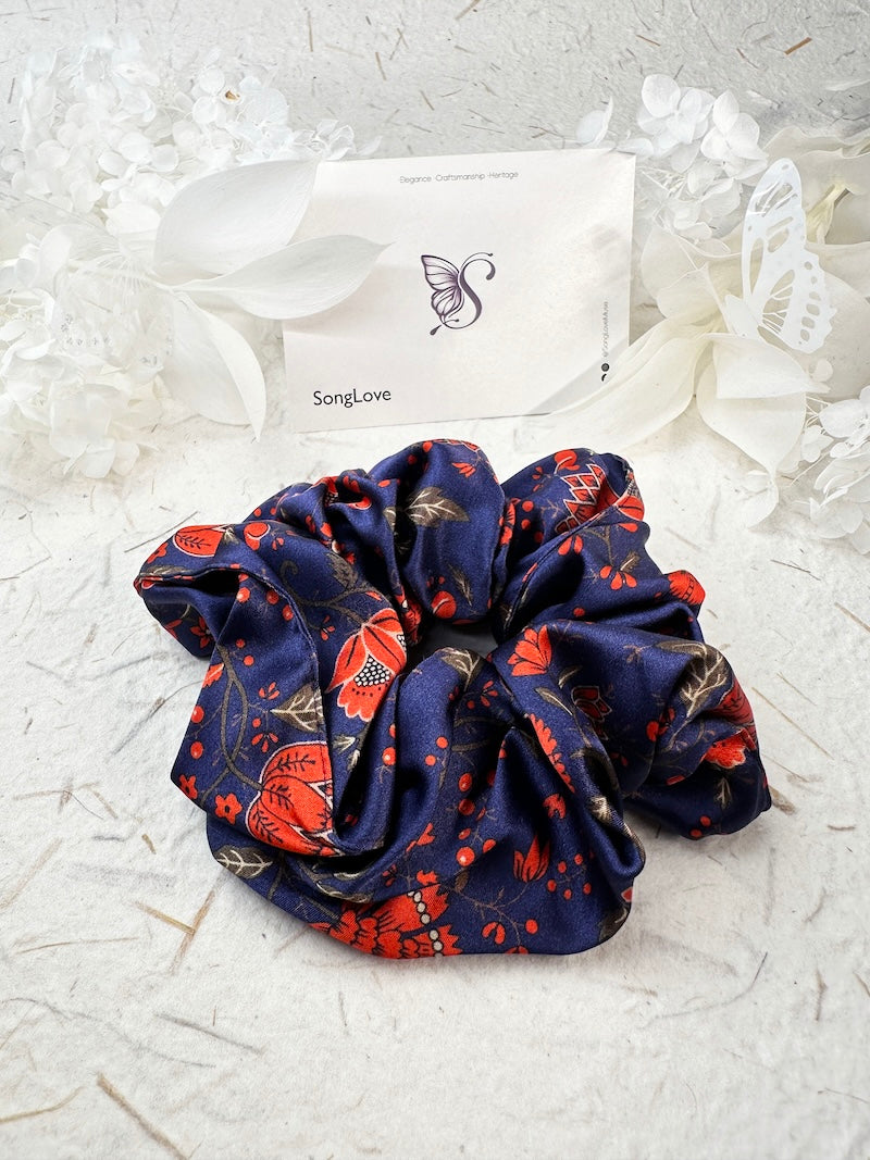 Vibrant Indigo Floral Scrunchie | Bold Red Accents | Stylish Silk Hair Accessory