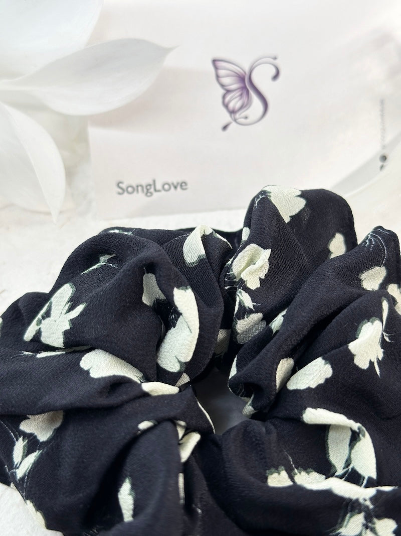 Classic Black & White Floral Scrunchie | Cotton Soft Accessory | Chic and Timeless Style