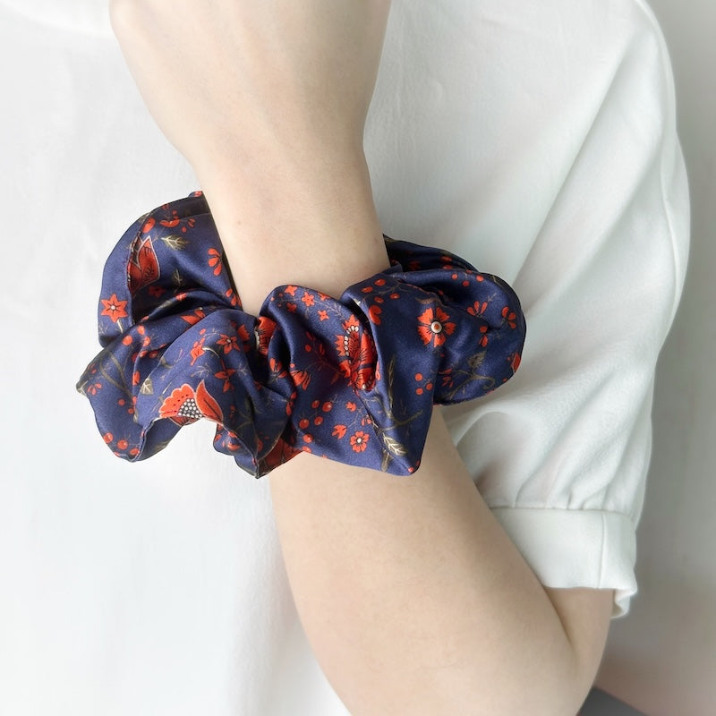 Vibrant Indigo Floral Scrunchie | Bold Red Accents | Stylish Silk Hair Accessory