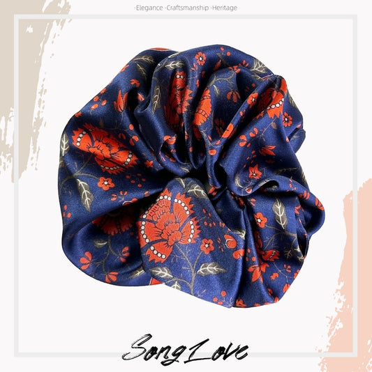 Vibrant Indigo Floral Scrunchie | Bold Red Accents | Stylish Silk Hair Accessory