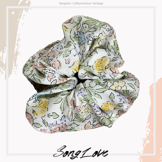 Spring Blossom Silk Scrunchie | Soft Pastel Floral Print | Luxurious Hair Accessory