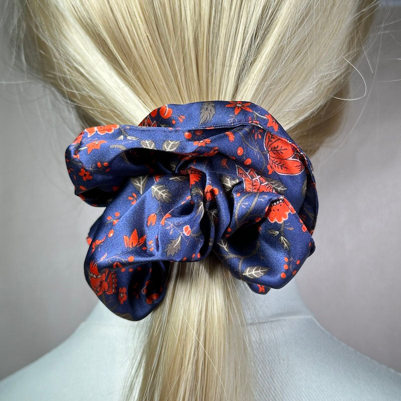 Vibrant Indigo Floral Scrunchie | Bold Red Accents | Stylish Silk Hair Accessory